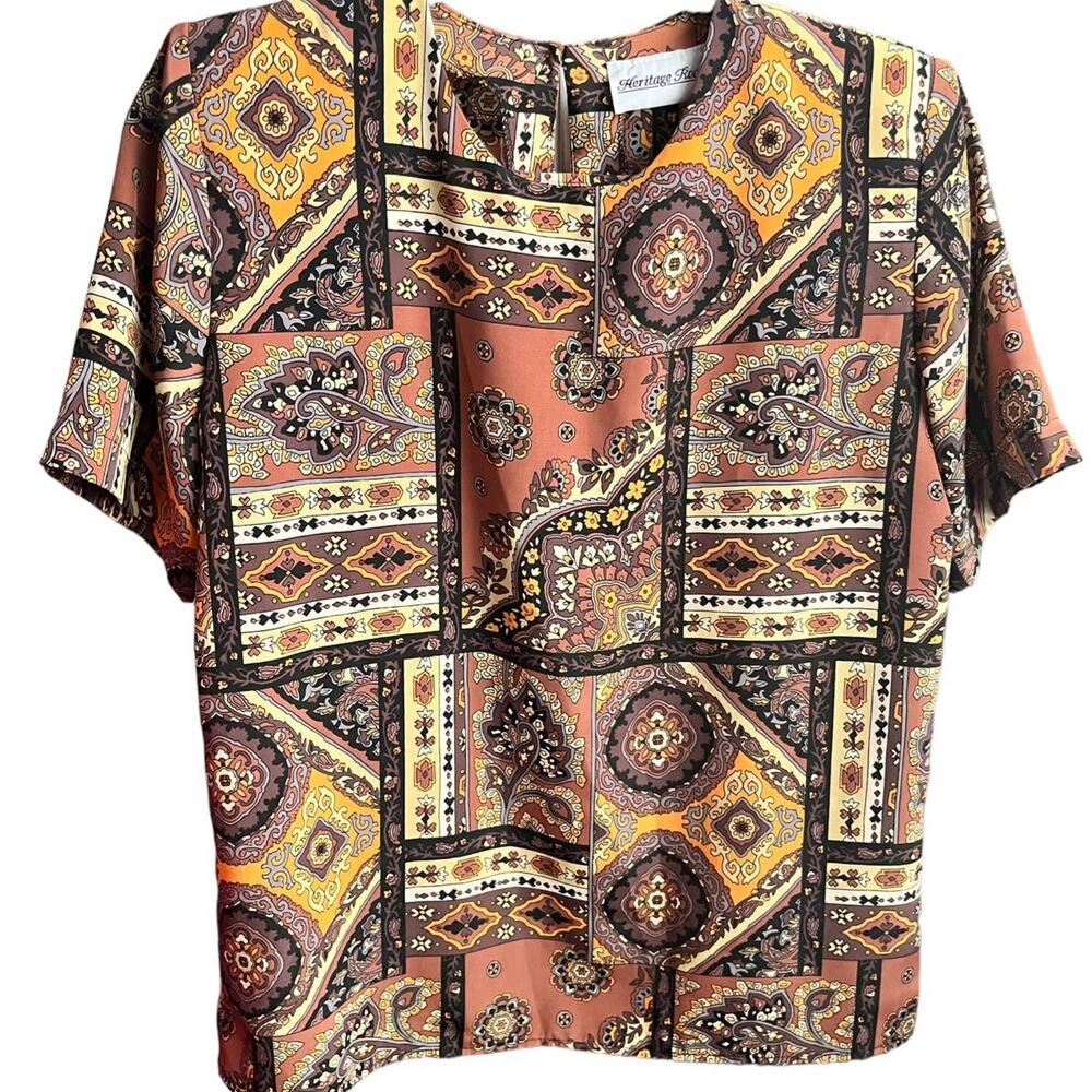 Vintage 90s Y2K Heritage Road Boho Geometric Brown Gold Blouse Small Med Shirt